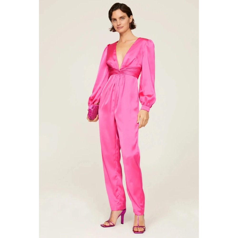 NWT IEENA for‎ MAC DUGGAL Hot Pink Satin Plunge V Neck Jumpsuit Size 0